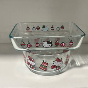 HTF Pyrex Hello Kitty Christmas Holiday  2 pc Glass Storage Containers NOS